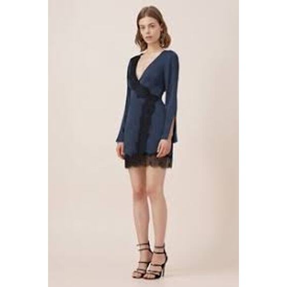 Keepsake The Label Mini Dress M Satin Lace Trim Long Flare Sleeve Blue Black - Picture 2 of 15